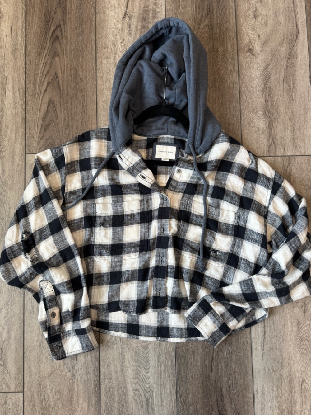 American Eagle Navy & Cream Plaid Hooded Grunge Cropped Shacket